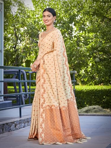 Image of MANOHARI Women's Trendy Banarasi Satin Silk Woven Saree with Heavy Jacquard Work, Elegant Design for Women with Lace Border Unstitched Blouse Piece for Weddings & Festive Occasions