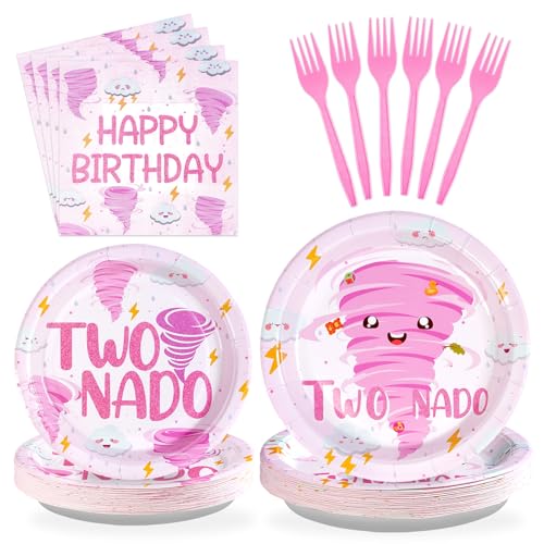 Image of Grencian 96Pcs Two Birthday Party Decorations for Girls Serves 24 | Pink Nado 2nd Birthday Plates and Napkins Tornado Two Year Old Decorations for for 2 Year Old Party Supplies Serves 24