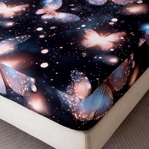 Image of Bedding Fitted Sheet with Deep Pocket,3D Pattern Printed Fabric Bed Sheets (Black Butterfly, Full)