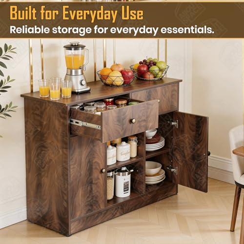 Image of ABOUT SPACE 3ft Kitchen Storage Cabinet with 2 Drawers, Open Center Shelf, 2 Closed Cabinet with Adjustable Shelves Modern Kitchen Rack Cupboard for Dining Room, Living Room, Entryway - Walnut