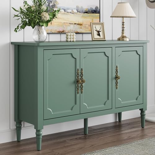 Image of FansaFurn 3-Door Buffet Cabinet with Adjustable Shelves, Accent Sideboard Cabinet with Turned Legs, Wood Pantry Cabinet, Mid-Century Storage Cabinet for Entryway, Living Room, Dining Room, Green