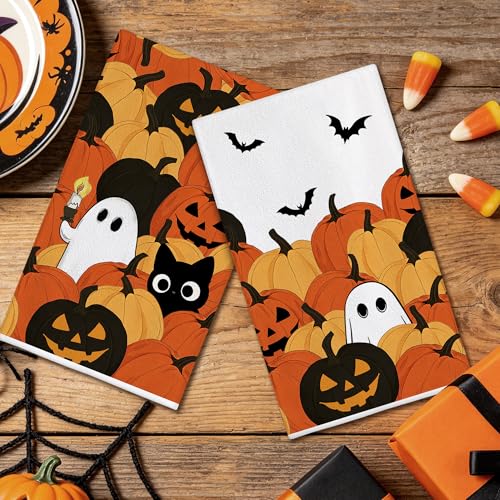 Image of Hexagram Halloween Kitchen Towels, Ghost Cat Halloween Hand Towels | Black Dish Towel, Ghost Bathroom Decor, Pumpkin Decor, Sets of 2, 18 inchx28 inch, Cat Lover Gifts