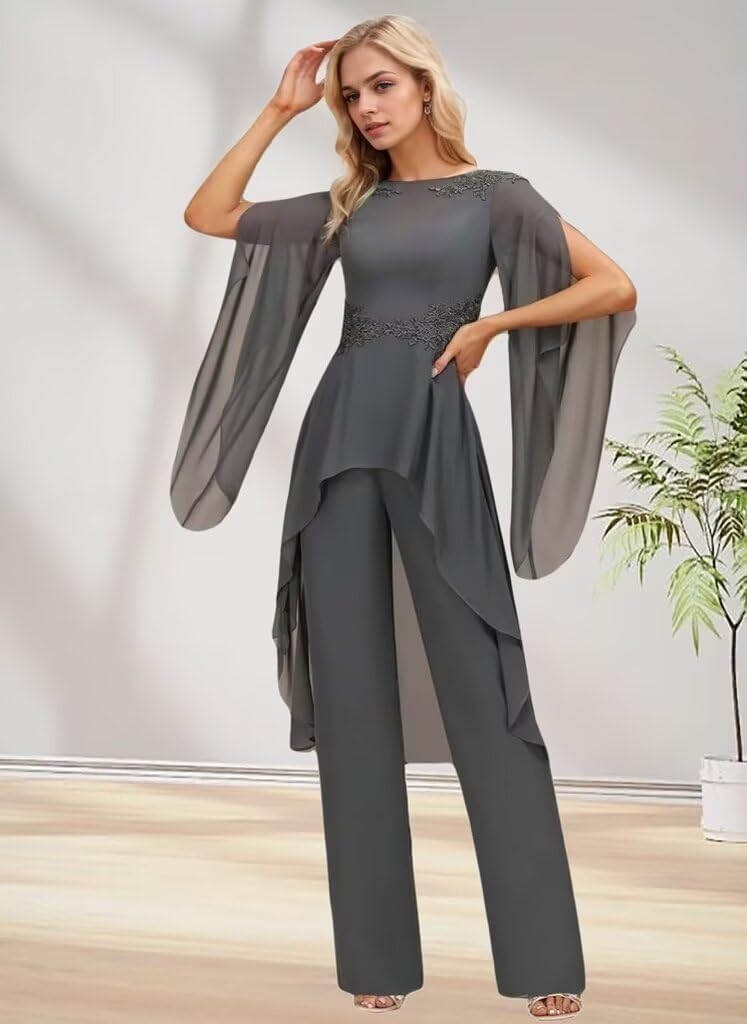2 Pieces Chiffon Mother of The Bride Pant Suits for Wedding Lace Appliques Formal Outfits Ruffle Sleeve Pantsuits - Image 3