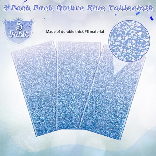 FunnyPars 3 Pack Ombre Blue Plastic Tablecloth for Parties, Gradient Pastel Blue Disposable Tablecloths for Rectangle Tables, Sprinkle Table Cover for Wedding Birthday Anniversary Party, 54 x 108Inch by FunnyPars - Image 4