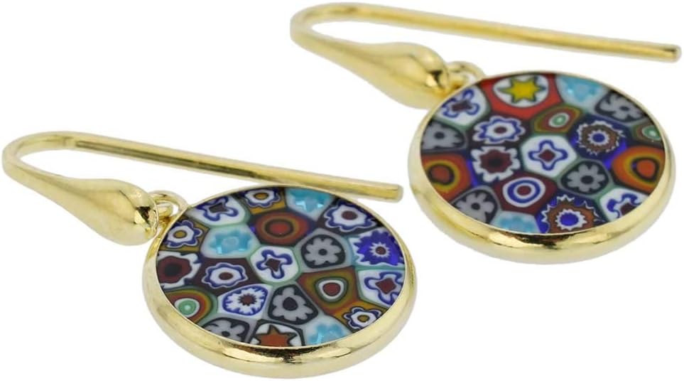 Glass Of Venice Italian Murano Glass Earrings Dangle Round Multicolor Millefiori Flower In Gold-Plated Sterling Silver - Murano Glass Earrings For Women