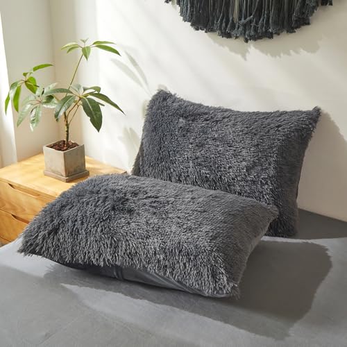 Faux Fur Fluffy Dark Grey Comforter Cover Twin Set – Plush Faux Fur Dark Grey Bedding 2-Piece Set (1 Furry Duvet Cover + 1 Shaggy Pillow Sham) Cozy Bed Set