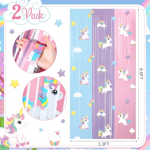 Image of Tiamon 2 Pack Unicorn Party Decorations 3.3 x 6.6 Ft Foil Fringe Curtains Pastel Rainbow Magical Horse Birthday Backdrop Tinsel Streamers Photo Booth for Unicorn Baby Shower Birthday Party Supplies