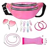 MigWoo 90er Jahre Outfit Damen,Malle Outfit Damen,13-teiliges Set Mit Tasche,Brille,Ohrringen Und Handschuhen,Perfekt Für 80er Und 90er Jahre Themenpartys,Musikfestivals