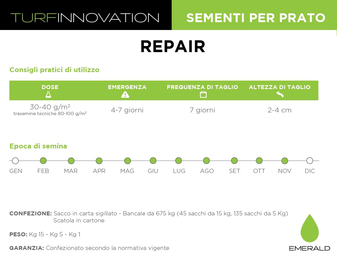 Emerald REPAIR, Semi per Prato Inglese Rigenerante, Crescita Veloce, Alta Resistenza e Colore Verde Brillante anche d’Inverno,1kg x 40mq (5)