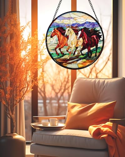 AMDERVEN Stained Glass Window Hanging, Galloping Horses Sun Catcher for Door Home Decor Colorful Suncatcher Christmas Mother's Day Birthday Gifts for Women Men Mom and Nana 15 in
