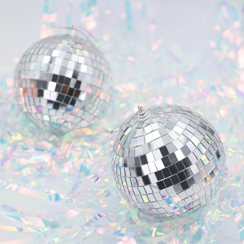 Discokugel 10 cm 2 Stück, Silberne Spiegelkugel-Ornamente zum Aufhängen für Weihnachtsbaum, Party, Hochzeit & Deko