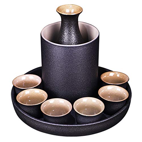 Rvvk Japanese-Style Ceramic Household Sake Set, Stoneware Small Sake Cup Set, Wine Jug X 1 Warm Wine Jug X 1 Wine Glass X 6 Wine Tray X 1 (Color : Black) #TOP4