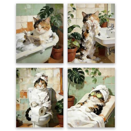 Impression sur toile chat tigré amusant haute définition, lot déco WC 20x25cm sans cadre