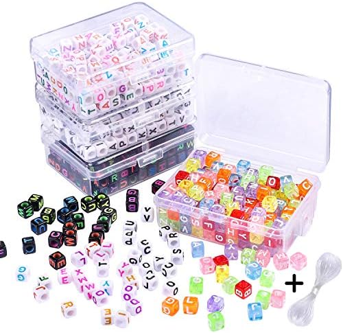 Whaline Acrylic Alphabet Letter Beads 800 Pcs in 4 Storage Case with 16 Feet Crystal Thread for DIY Jewelry Making Key Chains (4 Colors, 6 mm)