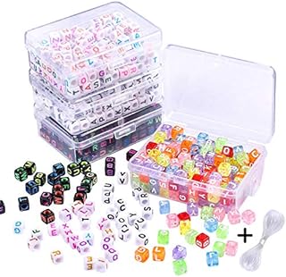 Whaline Acrylic Alphabet Letter Beads 800 Pcs in 4 Storage Case with 16 Feet Crystal Thread for DIY Jewelry Making Key Chains (4 Colors, 6 mm)