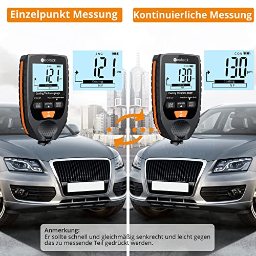 Neoteck Autolack Schichtdickenmessgerät Handheld mit LCD Display Hintergrundbeleuchtung, für Stahl- und Aluminium-Basismetallautos 0-1500μm （Schwarzorange）