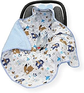 CAR SEAT Baby Blanket/Footmuff/Cosy Toes/Cotton & Waffle-Effect Mink Plush Dual Layer 80 x 80cm with Hood (Animals/Blue)