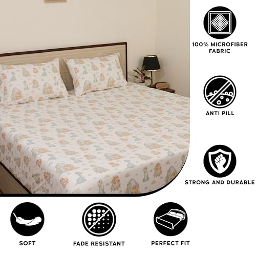 Image of King Size Bedsheet - Cute Dino - 108 x 108 Inches - Brushed Microfiber Flat Sheet with Pillow Covers - Soft, Cooling, Wrinkle & Fade Resistant