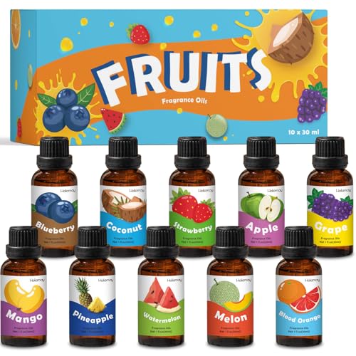 Image of Fruit Fragrance Oil for Candle Soap Making, 10x30ml Holamay Essential Oils for Diffusers for Home, Coconut, Strawberry, Mango, Pineapple, Large Size Diffuser Oils Gift Set