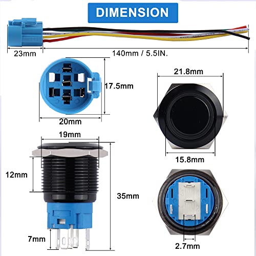 Image of 2PCS 19mm Metal Waterproof Anti-Vandal Latching Push Button Switch Self-locking black Shell with Pre-wired Socket Plug for 3 /4 inch Mounting Hole 12V-24V ON OFF 5Pins 1NO 1NC Halo Ring LED Light Blue