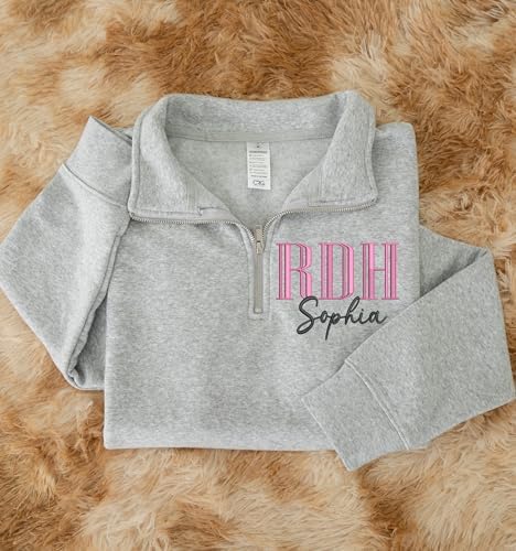 Personalized RDH Quarter Zip Sweatshirt, Custom Registered Dental Hygienist Hoodie, Embroidered Dental Pullover, RDH Graduation Gift for Women, Dental Professional Apparel — view 6