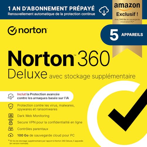Norton 360 Deluxe Exclusivité Amazon* + 50 Go de sauvegarde cloud supplémentaire |5 Appareils | 1 An d'Abonnement en renouvellement automatique|...