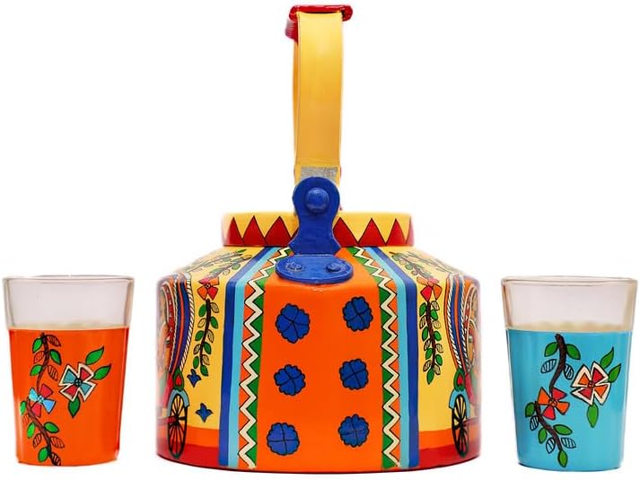 Miniatura 3 de TopsyTurvy Hervidor pintado a mano con 2 vasos de té de vidrio Chai de corte