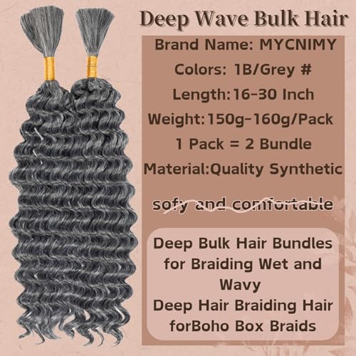 Deep Bulk Hair For Braiding Hair 18inch Wet And Wavy No Weft Quality Synthetic Hair Braiding Extensions For Boho Braids Natural Color 2 Bundles/Pack (1B/Grey 18Inch 150g)