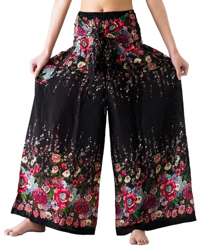 B BANGKOK PANTS Women's Boho Palazzo Pants Wide Leg Lounge Pants Hippie Clothes for Women with Pocket (One Size, Black Flowers)
