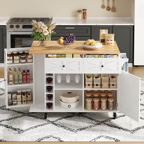 Dolamaní Isla de cocina con encimera plegable, carrito de cocina con 1 puerta, 2 cajones, estante para puerta, estantería para vino y soporte para cristal, carrito de servir con estantes ajustables
