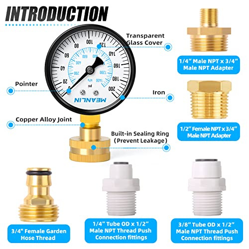 Image of MEANLIN MEASURE 0~200Psi 3 /4 inch Female Water Pressure Kit Plus 5 adapters, 2.5 inch FACE DIAL Multi-Purpose Pressure Gauge Kit, Hydraulic Tester,Suitable for Gardens, Water Pipes, etc