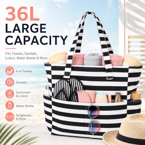 Image of LEDAOU Large Beach Bag Women Waterproof Sandproof Zipper Beach Tote Pool Bag for Swim Gym Grocery Travel with Wet Pocket