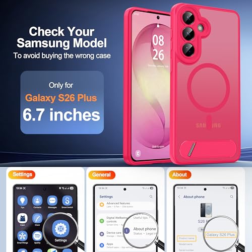 AMILIFECASES Magnetic for Samsung Galaxy S26+ Plus Case, [Compatible with MagSafe][Full Camera Protection][Built-in Invisible Kickstand] Translucent Matte Phone Case for S26 Plus 6.7" - Hot Pink - image 2