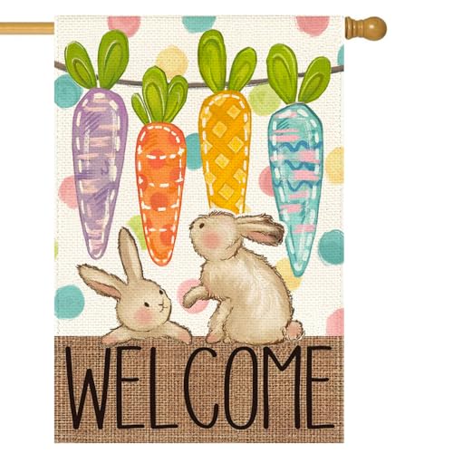 RABUSOFA Easter House Flag Carrots Bunny 28x40 Inch Double Sided Outside Easter Decorations for Outdoor Porch Small Burlap Holiday Yard Flag Large