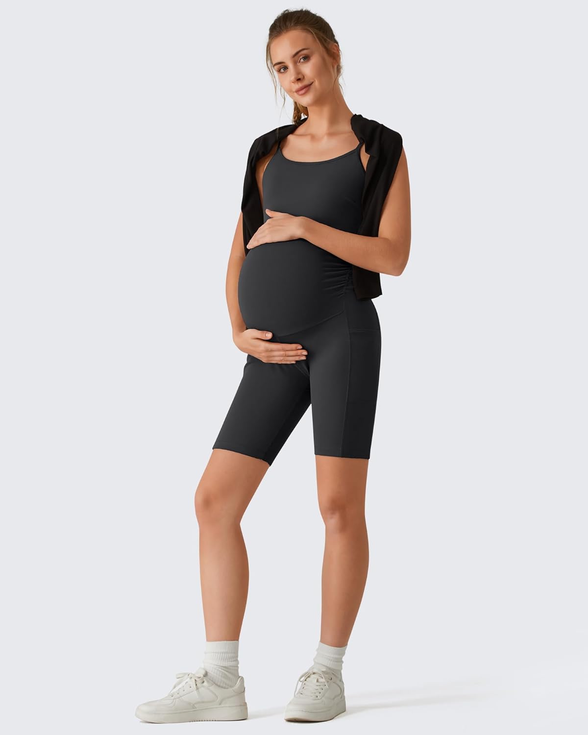 G4Free BareFeel Built in Bra Maternity Romper Cut Out Back Pregnancy Jumpsuit with Pockets Workout Casual - Image 6