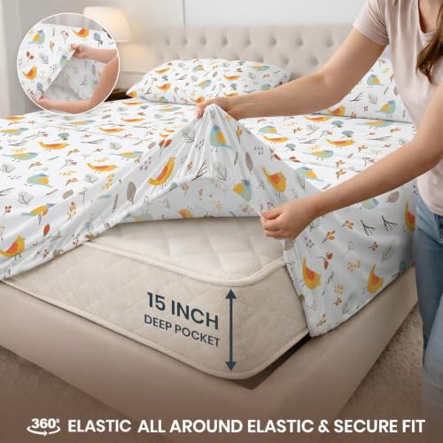 Image of SGI Split King Sheet Set for Adjustable Bed Egyptian Premium Cotton 600 Thread Count Sheets for Sleep Number Bed 15 inch Deep Pocket 5 Pc Set with 2 Twin XL Fitted Sheets Soft Breathable - Spring Bird