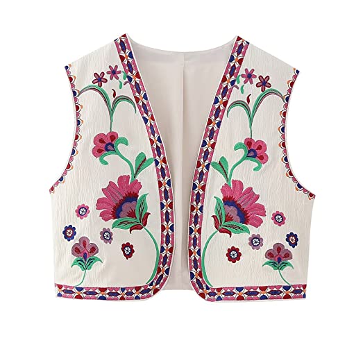 Donne Crop Top Vest Ricamo Floreale Retro Senza Maniche Giacca
