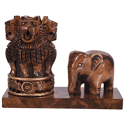 Image of Craft Trade 14x10 Cm Wooden Pen Stand with Ashok Stambh Pillar and Elephant Statue - Brown