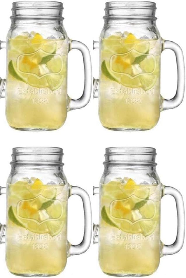 Miniatura 2 de Tazas de vidrio Mason con asa y tapas de lata (juego de 4) Idea de regalo con logotipo de fecha establecida en relieve, para café, jugo, ponche,