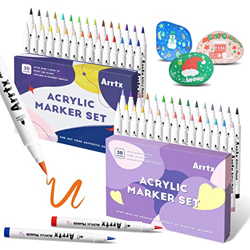 Bundle of Arrtx Acrylic Paint Pens for Rock Painting, 60 PCS Extra Brush Tip, Water Based Paint Markers for Stone, Glass, Easter Egg, Wood and Fabric Painting-No Toxic,No Odor