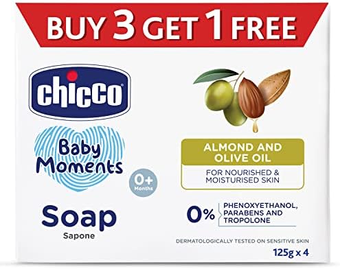 Chicco Baby Moments Soap 125g Buy 3 Get 1 Free For Nourished & Moisturised Skin With Natural Care of Almond & Olive Oil