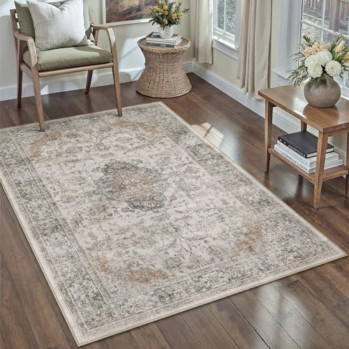 PureCozy Vintage Teppich Wohnzimmer 120x170cm Taupe Schlafzimmer Wohnzimmerteppich Waschbarer rutschfest Carpet Boho Bettvorleger Esszimmer BüRo Weich Kurzflor Groß Teppiche