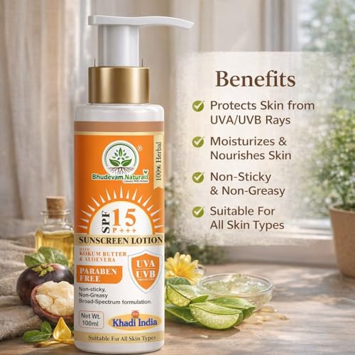 Image of Khadi SPF 15 Sunscreen Lotion with Kokum Butter & Aloevera | Daily Use Sun Protection Cream | Prevents Sun Damage & Dryness - 100ML