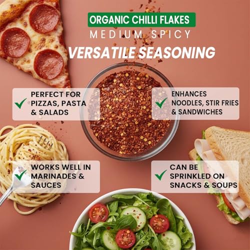 Image of Pure Tree Certified Organic Chilli Flakes Medium Spicy | 40 g | Glass Jar | Crushed Red Pepper Flakes | Pizza Pasta Seasoning | Dried Red Chilli Pieces | Organic Spice