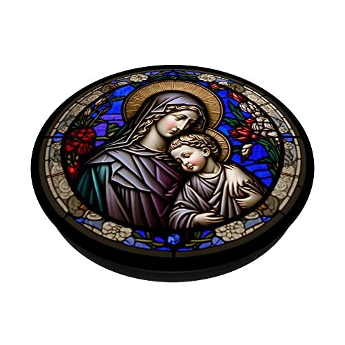 Religious Blessed Virgin Mary and Jesus Stained Glass Design PopSockets Swappable PopGrip, Black - Image 2
