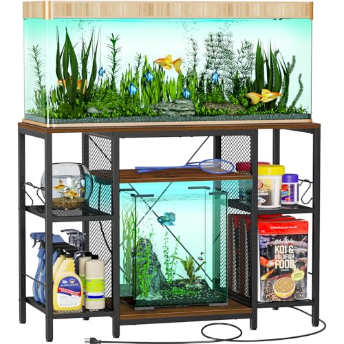 Snughome Fish Tank Stand, 40 Gallon Aquarium Stands with Charging Station, Adjustable Fish Tank Stand with Removable LED Light, Heavy Duty Metal Aquarium Stands with Storage, 43.3″ x 17.72″ x 31.1″, Rustic Brown