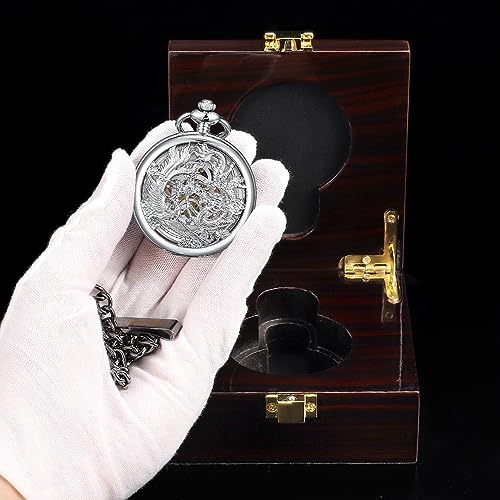 Image of ManChDa Antique Mechanical Pocket Watches for Men Lucky Dragon Phoenix Pocket Watch with Chain Skeleton Dial Roman Numerals Gifts for Fathers Day