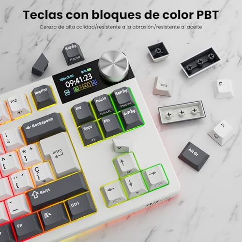 RK Royal KLUDGE RK S85 -Teclado Mecánico Español -Teclado Inalámbrico Gaming 80% -ISO-ES- Bluetooth/2.4G/USB-C- Hot Swap- Pantalla LCD- RGB-Mac/Windows-Mod. White Night/Switch Táctil Beige(Brown). - imagen 5