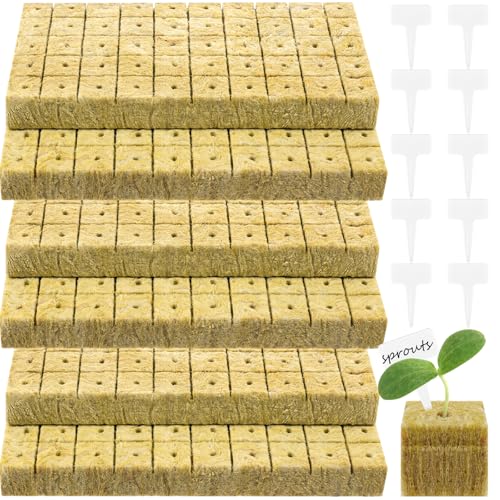 300 Pieces 1 Inch Rockwool Cubes for Hydroponics, Garden Rock Wool Planting Cubes with 10 Plant Name Tags Seed Starter Plugs Mini Blocks for Soilless Cultivation Seedlings Cutting Clone (6 Sheets)