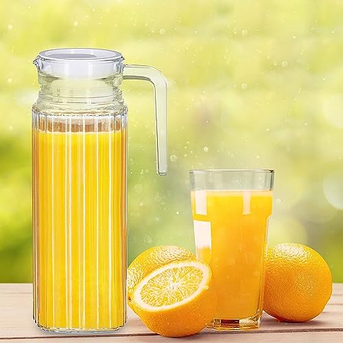 Image of Wringo Premium Glass Water Jug - 1.2 LTR, Transparent, Hot Cold Water Glass Pitcher with Lid Water Jug, Iced Tea, Milk and Juice Beverage Carafe, Lemon Jug 1200ML (Set of 1) (WQ-11)